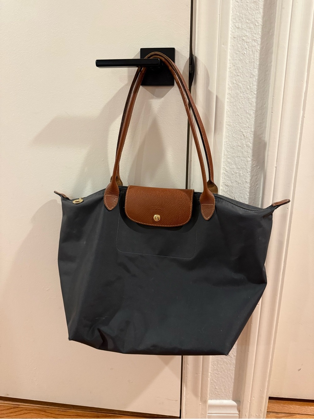 Longchamp Gray Tote with Brown Leather Trim